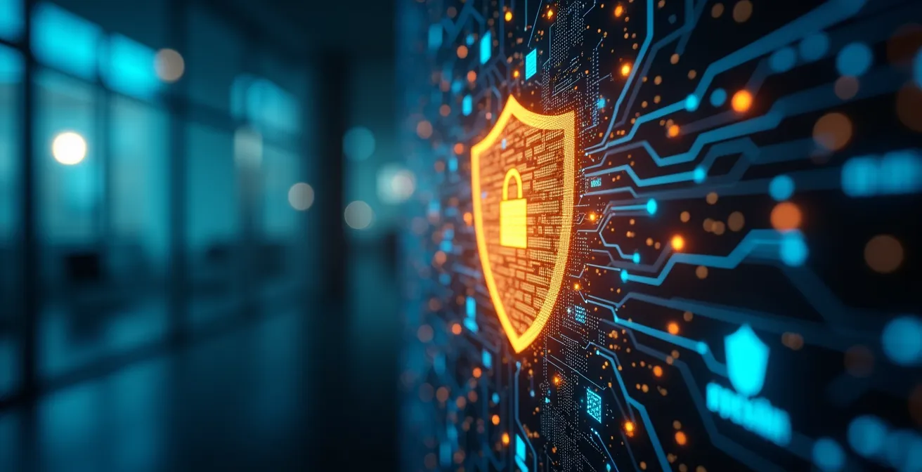 Concept visuel de cybersécurité pour PME montrant une représentation symbolique d'une entreprise protégée par un bouclier digital