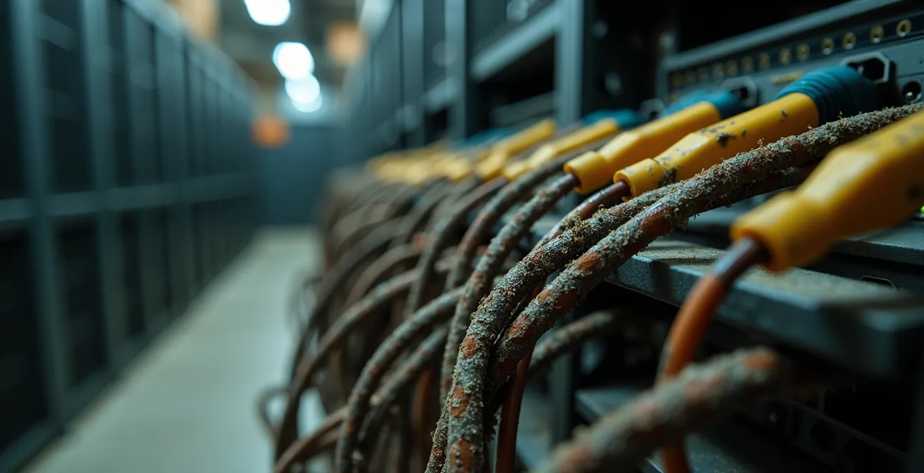 Système informatique ancien avec accumulation de câbles et équipements obsolètes