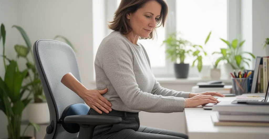 Professionnelle ajustant le soutien lombaire de sa chaise ergonomique dans un bureau à domicile