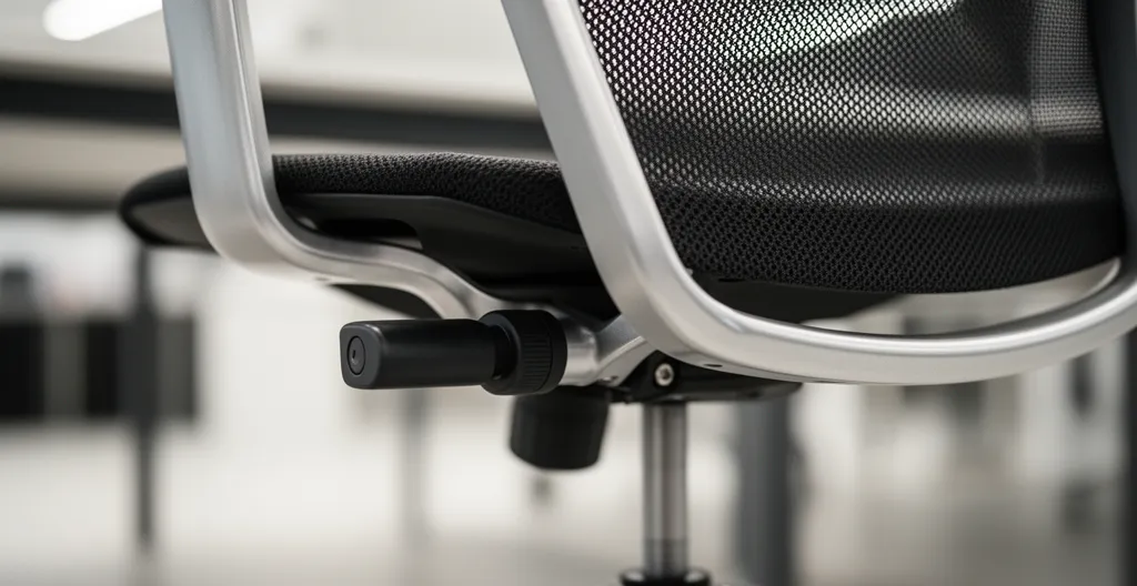 Détail du mécanisme de réglage en hauteur d'une chaise de bureau ergonomique