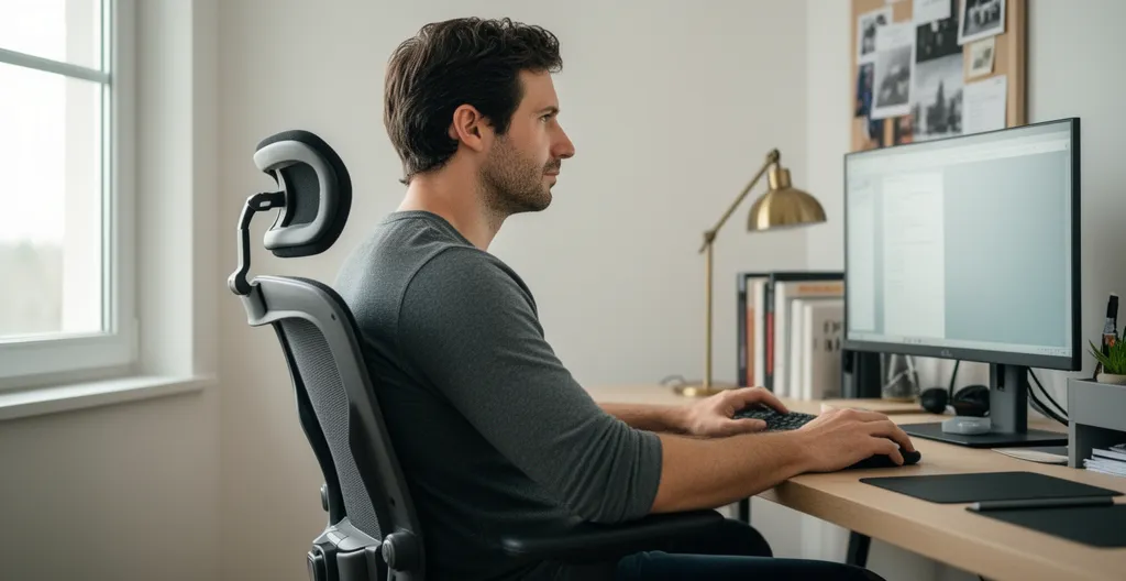 Homme travaillant avec une posture alignée sur une chaise ergonomique vue de profil