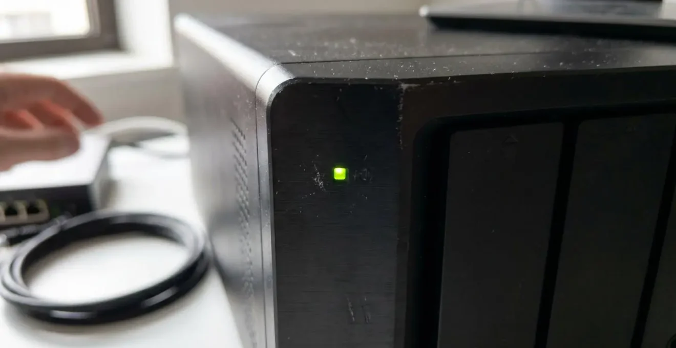 Gros plan sur voyant LED vert clignotant d'un serveur NAS de sauvegarde en cours d'exécution