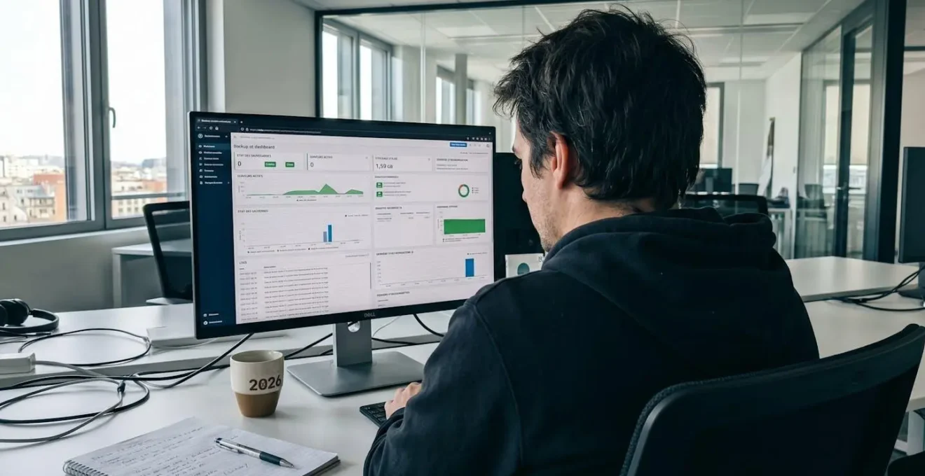 Professionnel IT surveillant un tableau de bord de supervision de sauvegardes sur grand écran de dos