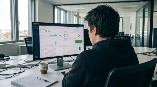 Professionnel IT surveillant un tableau de bord de supervision de sauvegardes sur grand écran de dos