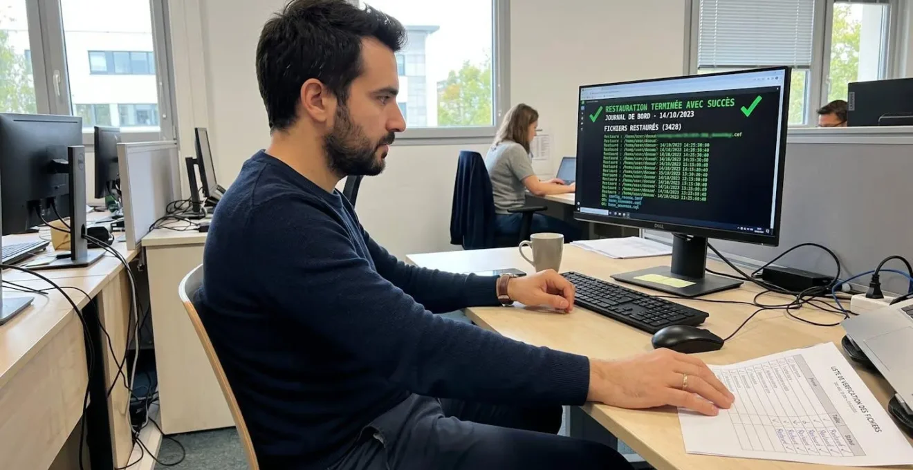 Datacenter sécurisé avec baies serveurs redondées et systèmes de protection incendie visibles au plafond