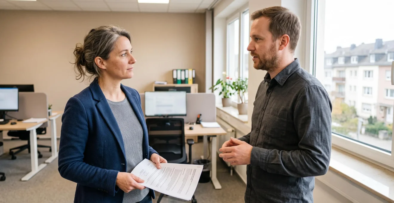 Dirigeante d'une PME discutant d'un contrat de services avec un représentant télécom dans un bureau.