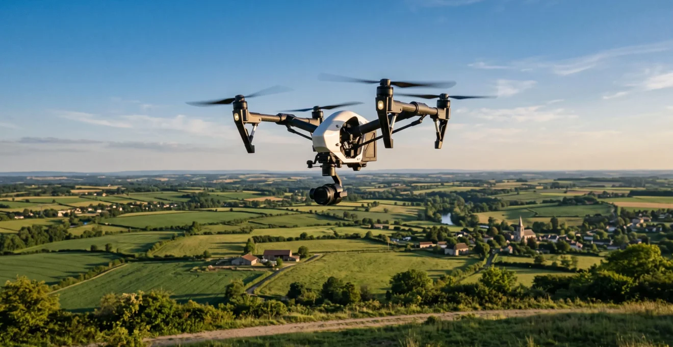 Un drone équipé d'une caméra 4K en vol au-dessus d'un paysage rural français, sa nacelle stabilisée pointée vers l'avant.