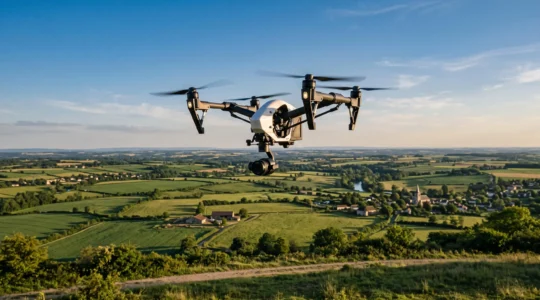 Un drone équipé d'une caméra 4K en vol au-dessus d'un paysage rural français, sa nacelle stabilisée pointée vers l'avant.