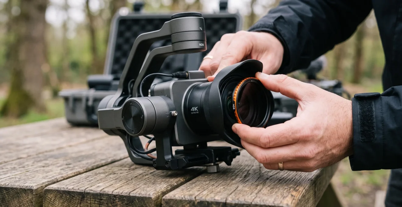Gros plan sur des mains fixant un filtre ND sur la caméra 4K stabilisée d'un drone posé sur une table.
