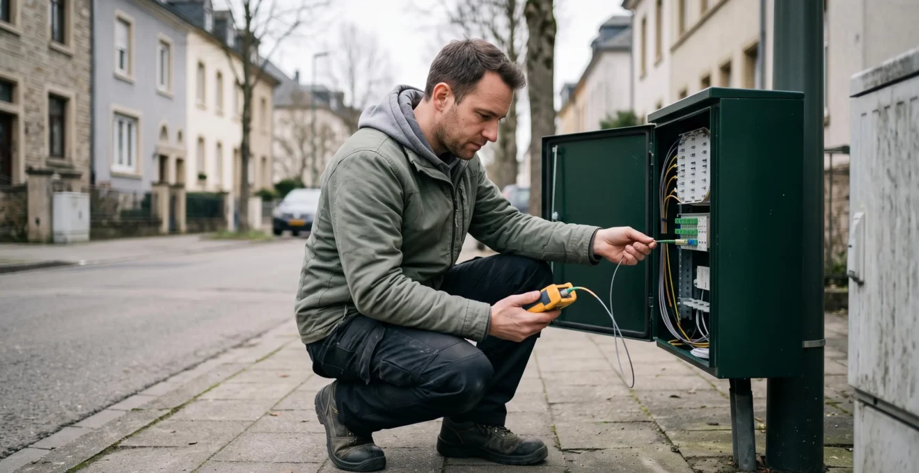 Ingénieur mesurant le signal optique dans une armoire de distribution fibre en bord de rue.