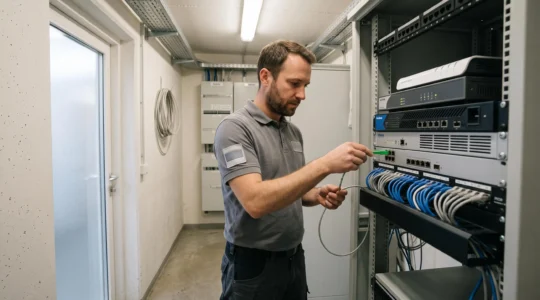 Technicien raccordant un câble fibre optique sur une baie équipée d'un routeur et d'un pare-feu dans un local technique de bureaux.