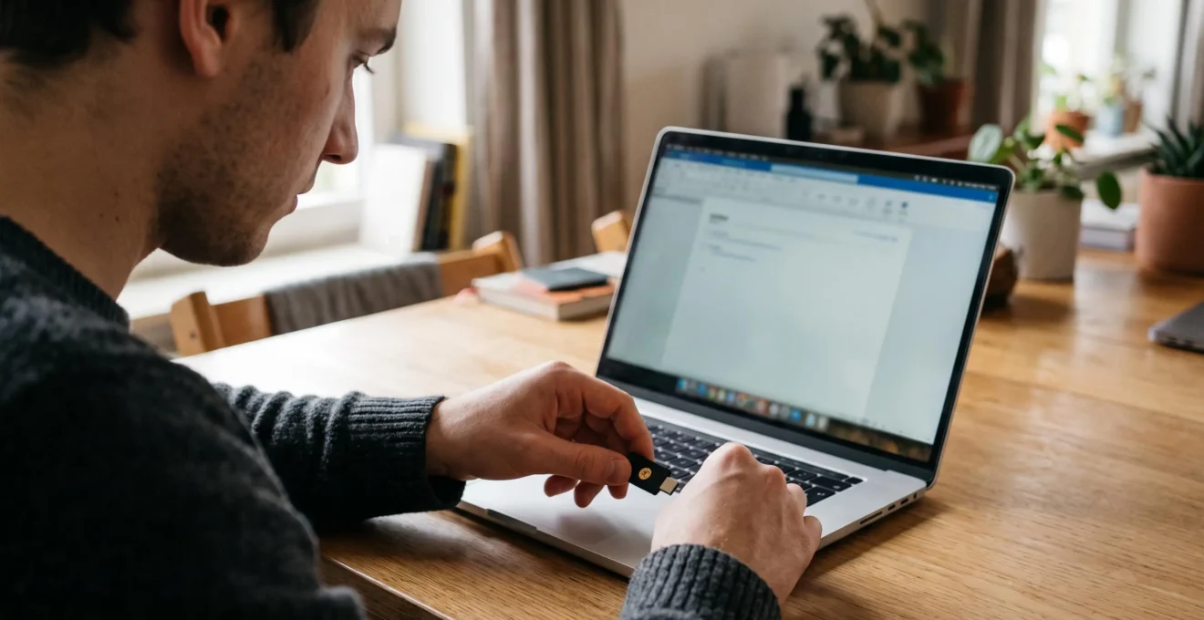 Salarié en télétravail branchant un dispositif de sécurité sur son ordinateur portable à domicile.