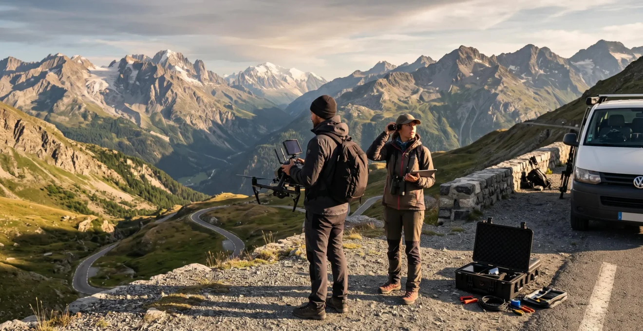 Deux personnes préparent un tournage aérien par drone sur un point de vue surplombant un paysage alpin.