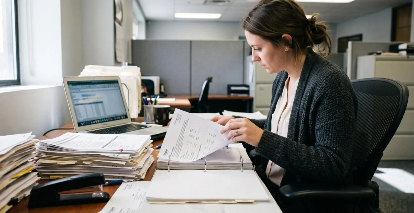 Un employé cherche une fiche produit dans des piles de dossiers papier sur son bureau.