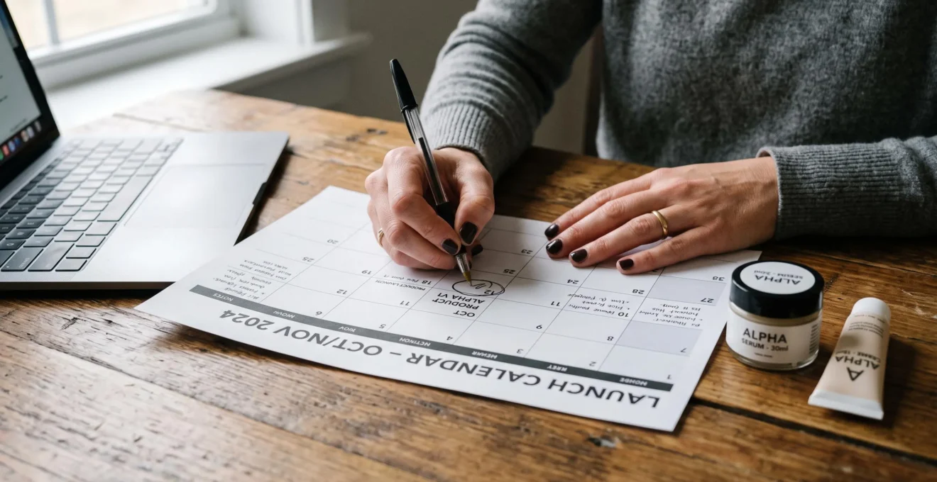 Des mains annotent un calendrier de lancement posé à côté d'échantillons de produits.