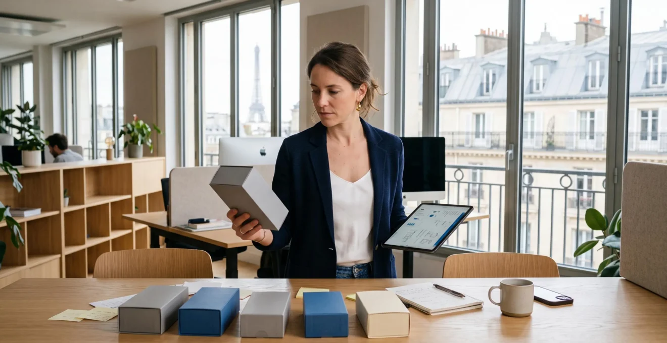Une responsable produit examine un emballage avec une tablette dans un bureau lumineux.