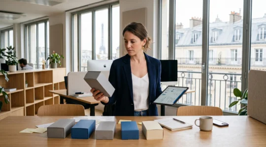 Une responsable produit examine un emballage avec une tablette dans un bureau lumineux.